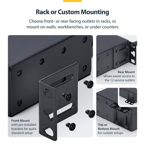 StarTech.com 13-Outlet Rackmount PDU, 1U Server Power Strip with 1x Front and 12x Rear Ports, Mounted Power Distribution Unit for 19-Inch Racks and Cabinets