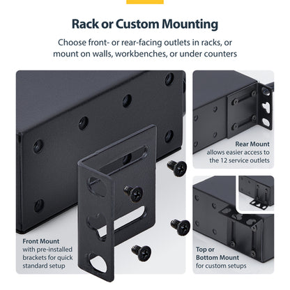 StarTech.com 13-Outlet Rackmount PDU, 1U Server Power Strip with 1x Front and 12x Rear Ports, Mounted Power Distribution Unit for 19-Inch Racks and Cabinets