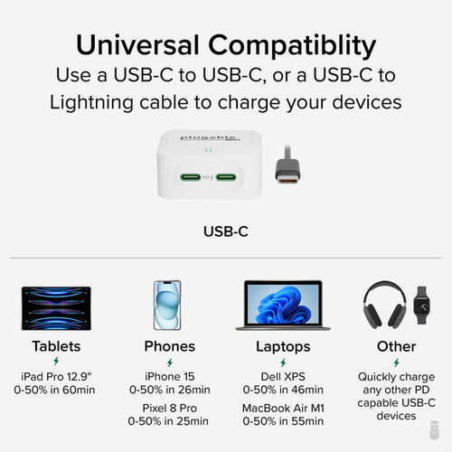 Plugable Technologies PS-40C2W mobile device charger Universal White AC Fast charging Indoor