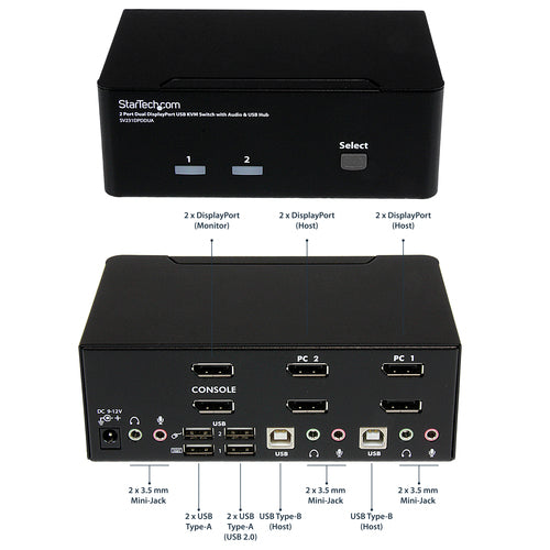 StarTech.com 2 Port Dual DisplayPort USB KVM Switch with Audio & USB 2.0 Hub