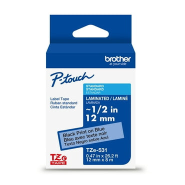 Brother P-touch TZe531 Black Print on Blue Label Tape  1/2in (12mm) x 26.2ft (8m) Laminated  1-Piece