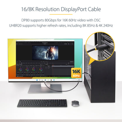 StarTech.com 3ft DisplayPort 2.1 Cable, VESA Certified DP80 DisplayPort Cable w/UHBR20/HDR/DSC 1.2a/HDCP 2.2, 16K/8K 60Hz, 4K 240Hz, 80Gbps, DP 2.1 Cable, UHD Monitor Cord, M/M