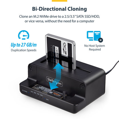 StarTech.com M.2 NVMe to 2.5/3.5" SATA Drive Duplicator, Dual Bay Standalone SSD Cloner/Drive Dock, Bidirectional NVMe to SATA / SATA to NVMe, Up to 27GBpm, TAA