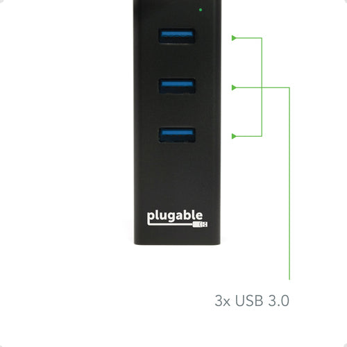 Plugable Technologies USB Hub with Ethernet, 3 port USB 3.0 Bus Powered Hub with Gigabit Ethernet Compatible with Windows, MacBook, Linux, Chrome OS, Includes USB C and USB 3.0 Cables