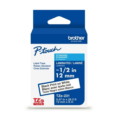 Brother P-touch TZe231 Label Tape  Laminated  Black on White  1/2in x 26.2ft  1 Roll