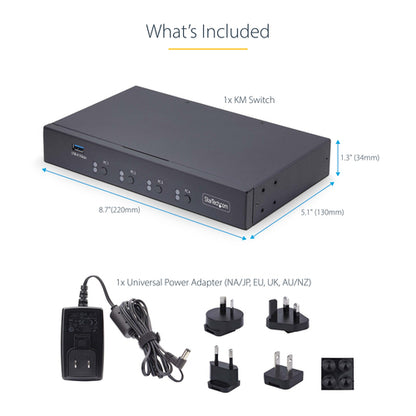 StarTech.com 4-Port KM Switch with Mouse Switching, USB Switch for Keyboard/Mouse, 3.5mm/USB Audio, Peripheral Sharing for 4 Computers, TAA Compliant