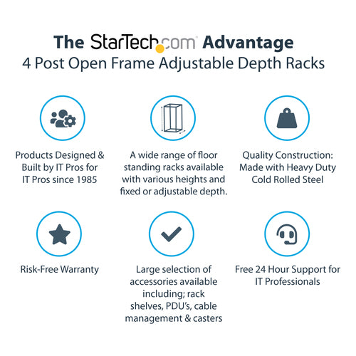 StarTech.com 4-Post 12U Mobile Open Frame Server Rack, Four Post 19" Network Rack with Wheels, Rolling Rack with Adjustable Depth for Computer/AV/Data/IT Equipment - Casters, Leveling Feet or Floor Mounting