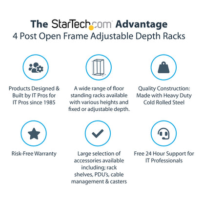 StarTech.com 4-Post 12U Mobile Open Frame Server Rack, Four Post 19" Network Rack with Wheels, Rolling Rack with Adjustable Depth for Computer/AV/Data/IT Equipment - Casters, Leveling Feet or Floor Mounting