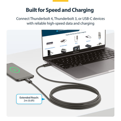 StarTech.com 6.6ft (2m) Active Thunderbolt 4 Cable, 40Gbps, 100W Power Delivery, 4K/8K Video, Intel-Certified Thunderbolt Cable - Compatible w/ USB4/Thunderbolt 4/ USB 3.2/ USB Type-C/DisplayPort/Thunderbolt 3