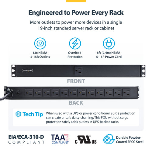 StarTech.com 13-Outlet Rackmount PDU, 1U Server Power Strip with 1x Front and 12x Rear Ports, Mounted Power Distribution Unit for 19-Inch Racks and Cabinets