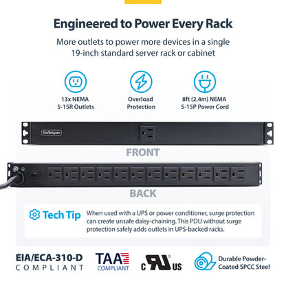 StarTech.com 13-Outlet Rackmount PDU, 1U Server Power Strip with 1x Front and 12x Rear Ports, Mounted Power Distribution Unit for 19-Inch Racks and Cabinets