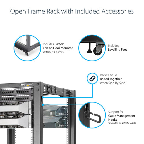 StarTech.com 15U 4-Post Server Rack, 19in Open Frame Rack with 40in (101cm) Mounting Depth and 1200lb (544kg) Weight Capacity, Mobile or Floor Mount IT Rack