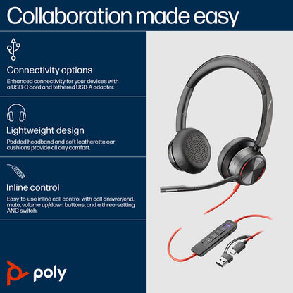 HP Poly Blackwire 8225 Stereo Microsoft Teams Certified USB-C Headset +USB-C/A Adapter
