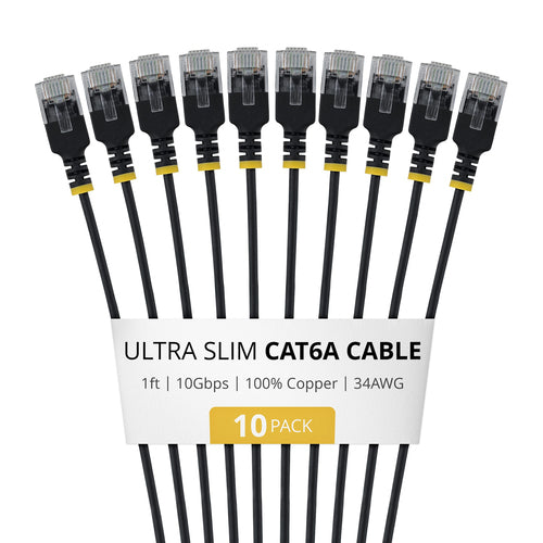StarTech.com 1ft Black Ultra Slim Cat6A Ethernet Cable, 10 pack, UTP, Pure Bare Copper Wire, 34AWG Ultra Slim RJ45 Network Patch Cord, Individually Tested