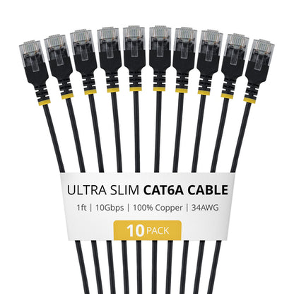 StarTech.com 1ft Black Ultra Slim Cat6A Ethernet Cable, 10 pack, UTP, Pure Bare Copper Wire, 34AWG Ultra Slim RJ45 Network Patch Cord, Individually Tested