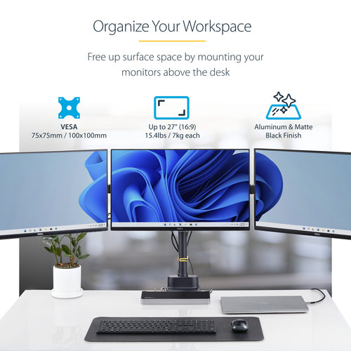StarTech.com Triple Monitor Desk Mount For Up To Three 27in Screens, VESA 75x75/100x100, Tool-Less Arm Adjustments, C-Clamp/Grommet Mount, Spring-Assisted Arms
