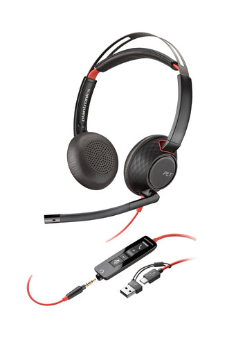 HP Poly Blackwire 5220 Stereo USB-C Headset +3.5mm Plug +USB-C/A Adapter