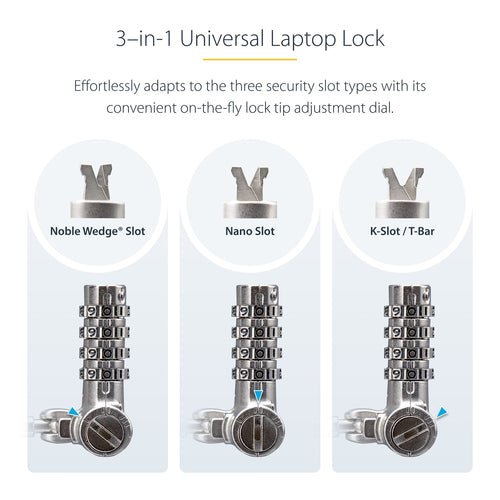 StarTech.com Universal Laptop Cable Lock 6.6ft (2m), Serialized Security Cable for Notebook, Compatible w/Noble Wedge®/Nano/K-Slot; Keyless Combination Cable, TAA
