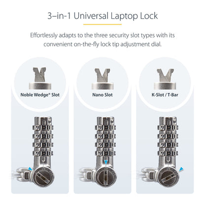 StarTech.com Universal Laptop Cable Lock 6.6ft (2m), Serialized Security Cable for Notebook, Compatible w/Noble Wedge®/Nano/K-Slot; Keyless Combination Cable, TAA