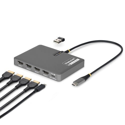 StarTech.com USB-C to Quad-Monitor Workstation Adapter, 4K 60Hz HDMI, 140W PD Passthrough for Laptop Charging, USB Port for Wireless Keyboard / Mouse, TAA