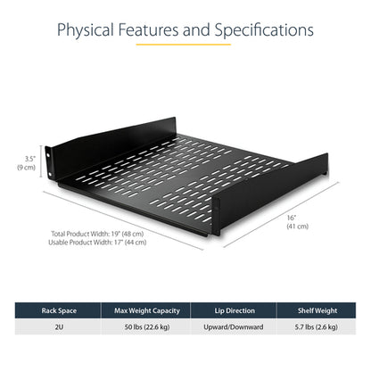 StarTech.com 2U Server Rack Shelf - Universal Vented Rack Mount Cantilever Tray for 19" Network Equipment Rack & Cabinet - Heavy Duty Steel - Weight Capacity 50lb/23kg - 16" Deep Shelf, Black