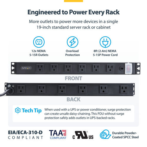 StarTech.com 12-Outlet Rackmount PDU, 1U Server Power Strip with Wide-Spaced Right-Angle Ports, Mounted Power Distribution Unit for 19-Inch Racks and Cabinets