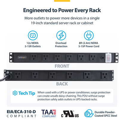 StarTech.com 12-Outlet Rackmount PDU, 1U Server Power Strip with Wide-Spaced Right-Angle Ports, Mounted Power Distribution Unit for 19-Inch Racks and Cabinets