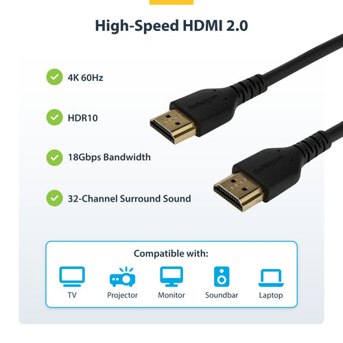 StarTech.com 3ft (1m) Slim HDMI 2.0 Cable, Flexible Premium Certified HDMI Cord with Ethernet, UHD 4K 60Hz HDR10, Durable Aramid Fiber Design with TPE Jacket
