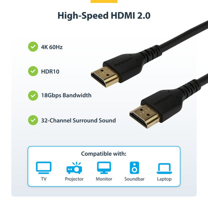 StarTech.com 3ft (1m) Slim HDMI 2.0 Cable, Flexible Premium Certified HDMI Cord with Ethernet, UHD 4K 60Hz HDR10, Durable Aramid Fiber Design with TPE Jacket