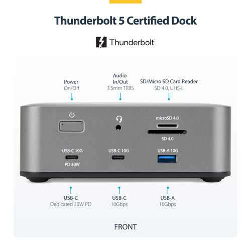 StarTech.com Thunderbolt 5/4 & USB4 Universal Dock, Multi-Display, Up to 8K 60Hz, 140W Charging, 30W PD Phone Charging, USB 10G, 2.5G LAN, 180W Adapter Included