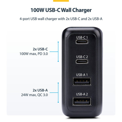 StarTech.com 100W USB-C Wall Charger, 2x USB-C/2x USB-A, Fast Charging Portable GaN Charger Power Adapter, USB Power Delivery 3.0, 6ft/1.8m Cable