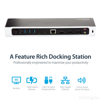 StarTech.com 4K USB-C Dock, Triple UHD 4K Monitor Docking Station, Mac & Windows, USB C to HDMI & DisplayPort, 100W Power Delivery, 5x USB 5Gbps Hub - TAA