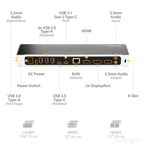 StarTech.com 4K USB-C Dock, Triple UHD 4K Monitor Docking Station, Mac & Windows, USB C to HDMI & DisplayPort, 100W Power Delivery, 5x USB 5Gbps Hub - TAA