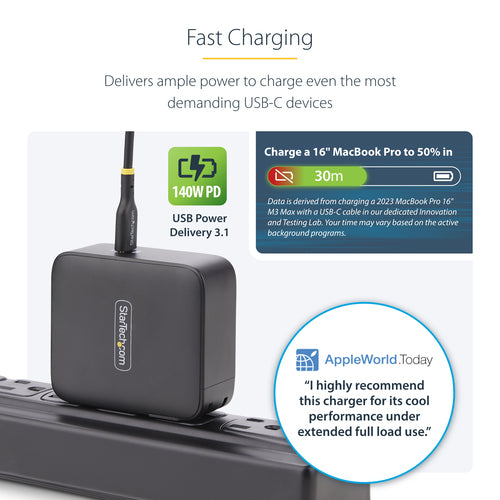 StarTech.com 140W USB-C Wall Charger, USB-IF Certified, Single USB-C, PD 3.1 Portable GaN Charging, Power Adapter for MacBook M3 Pro/Max, Dell XPS/Inspiron/Precision