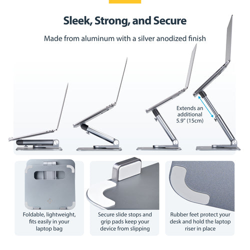 StarTech.com Telescopic Laptop Stand, 360 Swivel Base, Rotating Computer Riser for Desk, Adjustable Height and Tilt, Max 11lb/5kg, Aluminum Build, Portable Design