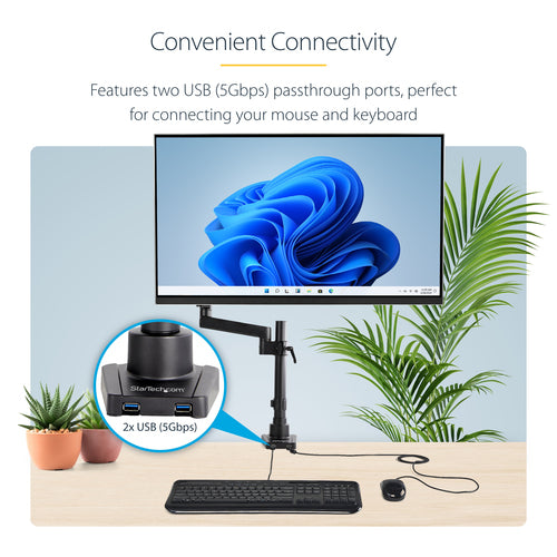 StarTech.com Desk Mount Monitor Arm with 2x USB 3.0 Ports, Full Motion Single Monitor Mount, up to 34" (17.6lb/8kg) VESA Display, Clamp/Grommet Mount, Mechanical Spring