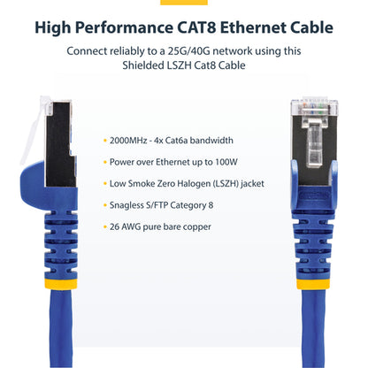 StarTech.com 6in Blue CAT8 Ethernet Cable, Snagless RJ45, 25G/40G, 2000MHz, 100W PoE++, S/FTP, 26AWG Pure Bare Copper Wire, LSZH, Shielded Network Patch Cord w/Strain Reliefs, Individually Tested
