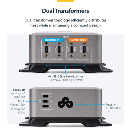 StarTech.com 4-Port Multi-Device USB-C Charger, 240W Total, Single Port 140W EPR, PD 3.1, Screw Locking Ports, Surface Mounting, Ideal for Boardrooms, 2x 10ft USB-C Side Locking 240W Cables Included