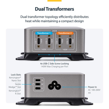 StarTech.com 4-Port Multi-Device USB-C Charger, 240W Total, Single Port 140W EPR, PD 3.1, Screw Locking Ports, Surface Mounting, Ideal for Boardrooms, 2x 10ft USB-C Side Locking 240W Cables Included