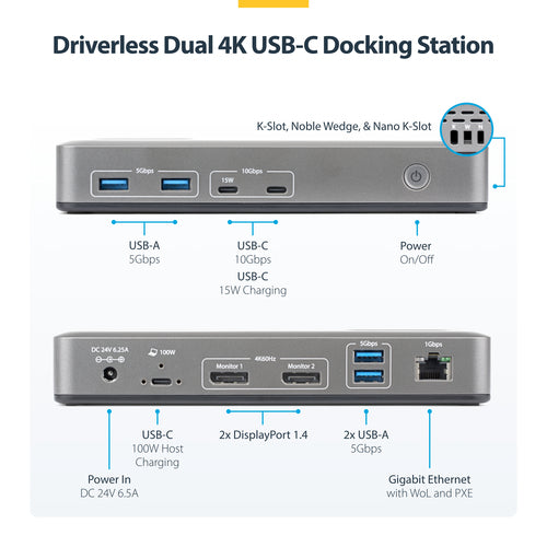 StarTech.com Dual-Monitor USB-C Docking Station, DisplayPort, 4K 60Hz, 100W Laptop Charging, 1GbE, Driverless, Multi-Monitor Dock For Windows