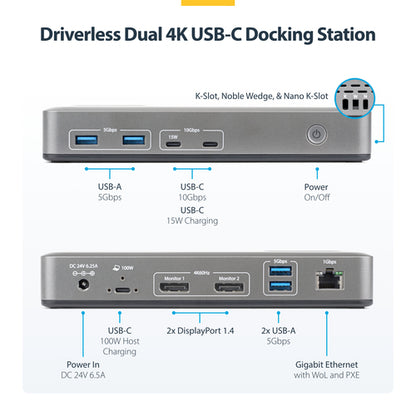 StarTech.com Dual-Monitor USB-C Docking Station, DisplayPort, 4K 60Hz, 100W Laptop Charging, 1GbE, Driverless, Multi-Monitor Dock For Windows