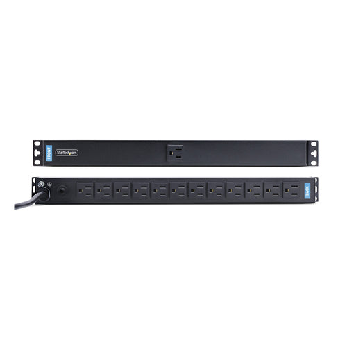 StarTech.com 13-Outlet Rackmount PDU, 1U Server Power Strip with 1x Front and 12x Rear Ports, Mounted Power Distribution Unit for 19-Inch Racks and Cabinets