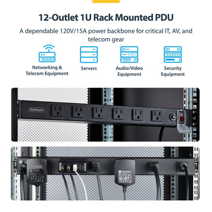 StarTech.com 12-Outlet Rackmount PDU, 1U Server Power Strip with Wide-Spaced Right-Angle Ports, Mounted Power Distribution Unit for 19-Inch Racks and Cabinets