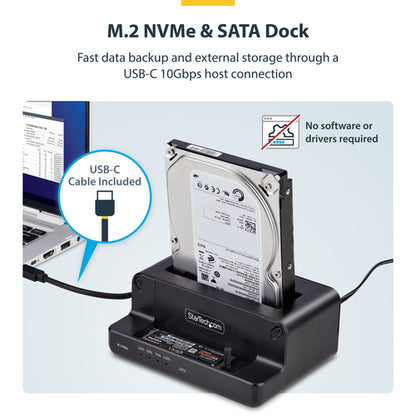 StarTech.com M.2 NVMe to 2.5/3.5" SATA Drive Duplicator, Dual Bay Standalone SSD Cloner/Drive Dock, Bidirectional NVMe to SATA / SATA to NVMe, Up to 27GBpm, TAA