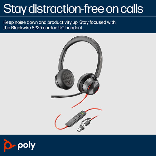 HP Poly Blackwire 8225 Stereo Microsoft Teams Certified USB-C Headset +USB-C/A Adapter