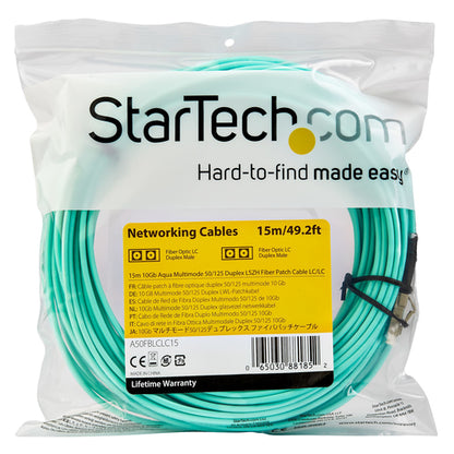 StarTech.com 15m (50ft) LC/UPC to LC/UPC OM3 Multimode Fiber Optic Cable, Full Duplex 50/125µm Zipcord Fiber Cable, 100G, Low Insertion Loss, LSZH Fiber Jumper Cord