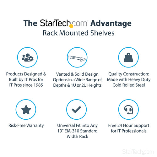 StarTech.com 1U Server Rack Shelf - Universal Rack Mount Cantilever Shelf for 19" Network Equipment Rack & Cabinet - Heavy Duty Steel – Weight Capacity 44lb/20kg - 16" Deep Tray, Black
