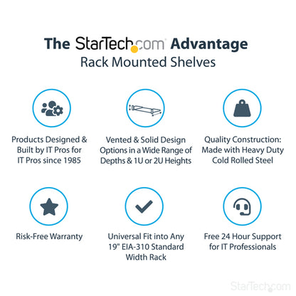 StarTech.com 1U Server Rack Shelf - Universal Rack Mount Cantilever Shelf for 19" Network Equipment Rack & Cabinet - Heavy Duty Steel – Weight Capacity 44lb/20kg - 16" Deep Tray, Black