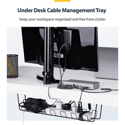 StarTech.com Under Desk Cable Management Tray, 24" Long, Metal Basket Style Cable Organizer, Screw-On Installation, Power Bar Holder, Metal, Black, TAA-Compliant