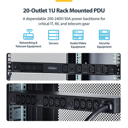 StarTech.com 20-Outlet Rackmount PDU, 1U Server Power Strip, 16x C13 + 4x C19, 8x Front and 12x Rear Outlets, NEMA L6-30P Wall Connection, 30A/240V, UL-Listed, TAA